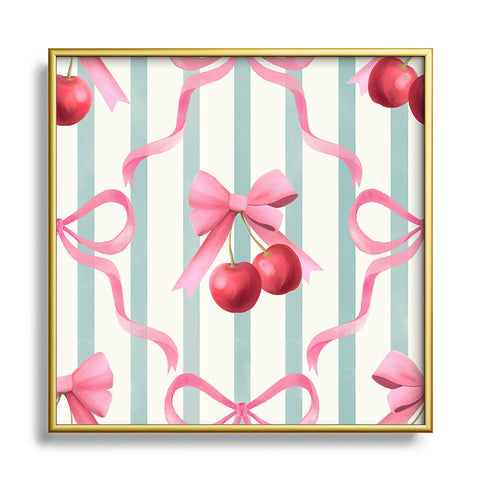 Emanuela Carratoni Preppy Bows and Cherries Square Metal Framed Art Print
