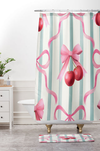 Emanuela Carratoni Preppy Bows and Cherries Shower Curtain And Mat