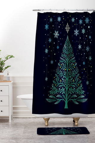 episodic drawing Christmas Night TreeSnowy Shower Curtain And Mat