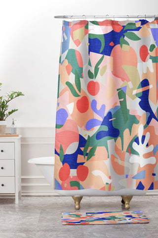 evamatise Abstract Fruits and Leaves Shower Curtain And Mat