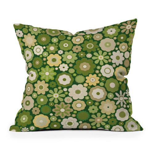 evamatise Flowers in the 60s Vintage Green Outdoor Throw Pillow