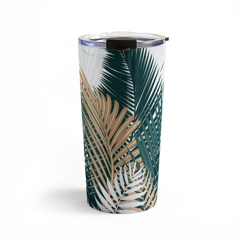 evamatise Gold and Green Palm Leaves Travel Mug
