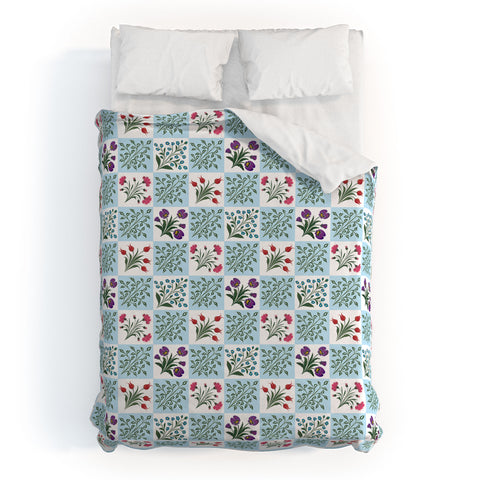Evanjelina & Co Turkish Ebru Checkered Flower Duvet Cover