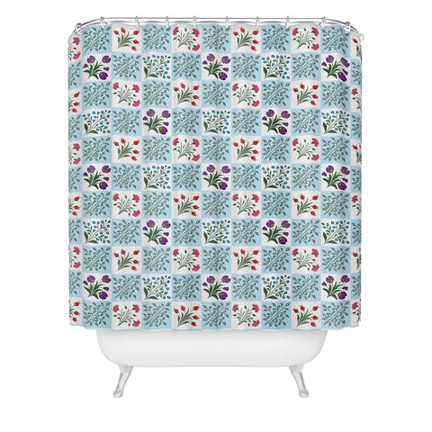 Evanjelina & Co Turkish Ebru Checkered Flower Shower Curtain
