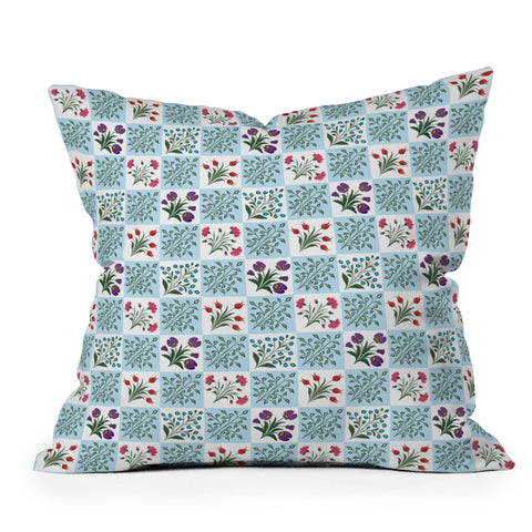 Evanjelina & Co Turkish Ebru Checkered Flower Throw Pillow