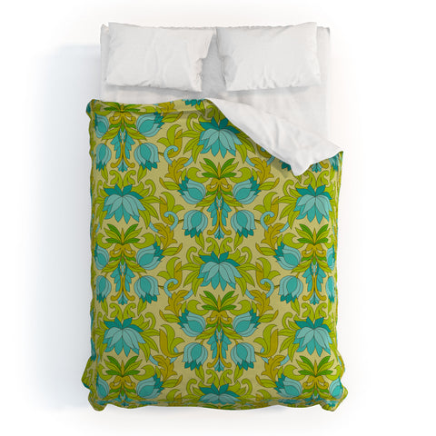 Eyestigmatic Design Turquoise and Green Leaves 1960s Duvet Cover