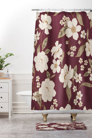 Gabriela Fuente Burgundy Floral Roberta Shower Curtain And Mat