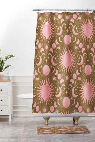 Gabriela Simon Dusty Pink Boho Celestial Shower Curtain And Mat