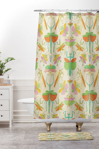 Gabriela Simon Whimsical Praying Mantis Retro Shower Curtain And Mat