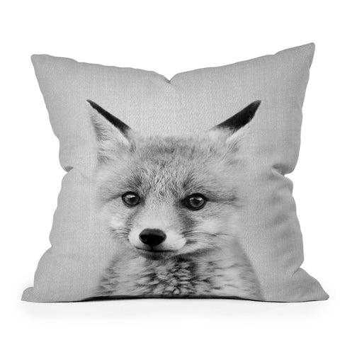 Gal Design Baby Fox Black White Outdoor Throw Pillow