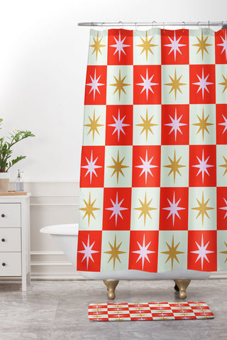 Galaxy Eyes Star Check Festive Shower Curtain And Mat
