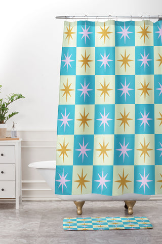 Galaxy Eyes Star Check Rainbow Shower Curtain And Mat
