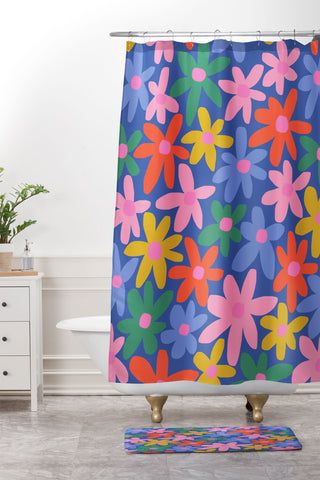 Gale Switzer Joyful Flowers blue Shower Curtain And Mat