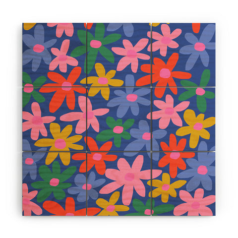Gale Switzer Joyful Flowers blue Wood Wall Mural