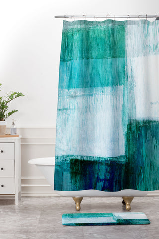 GalleryJ9 Aqua Blue Geometric Abstract Textured Painting Shower Curtain And Mat