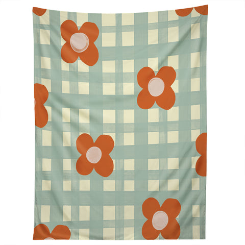 Gigi Rosado Blue and red floral check Tapestry
