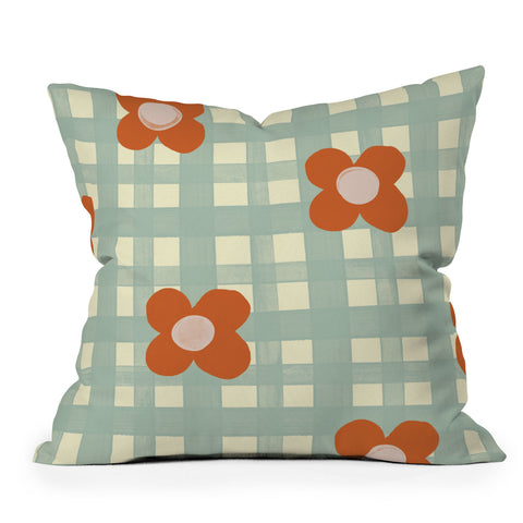 Gigi Rosado Blue and red floral check Outdoor Throw Pillow