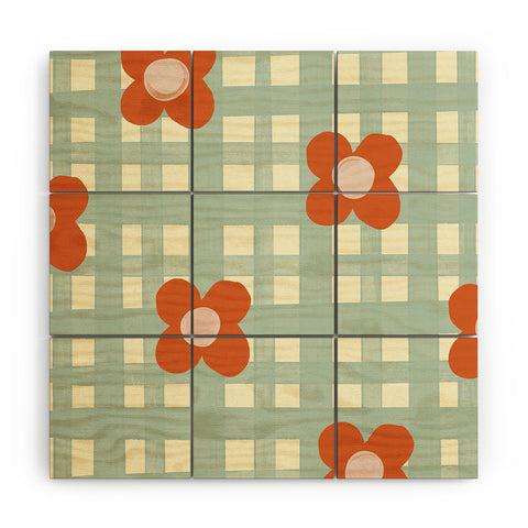 Gigi Rosado Blue and red floral check Wood Wall Mural