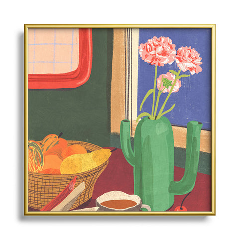 Gigi Rosado Coffee book and cake Square Metal Framed Art Print