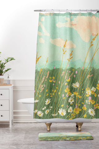 Gigi Rosado Floral landscape Shower Curtain And Mat