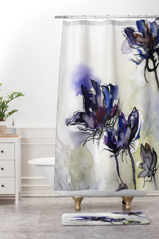 Ginette Fine Art Minimalist Blue Flowers Shower Curtain And Mat