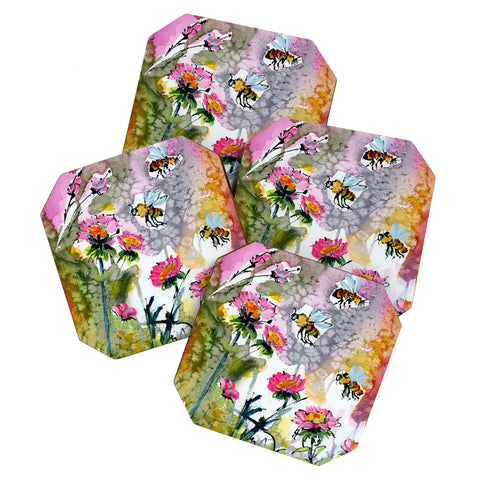 Ginette Fine Art Pink Flowers and Bees Coaster Set