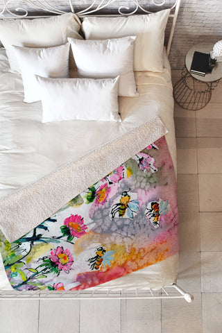 Ginette Fine Art Pink Flowers and Bees Fleece Throw Blanket