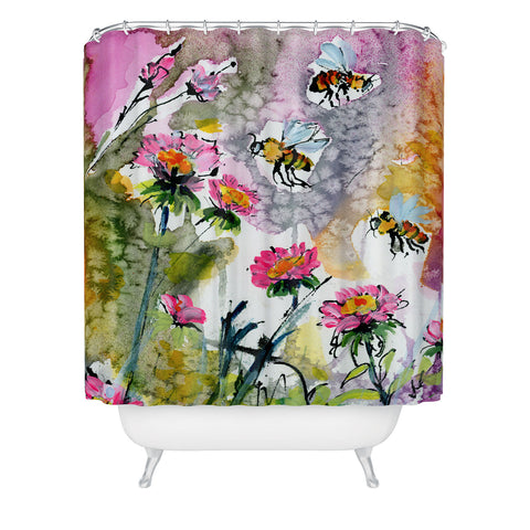 Ginette Fine Art Pink Flowers and Bees Shower Curtain