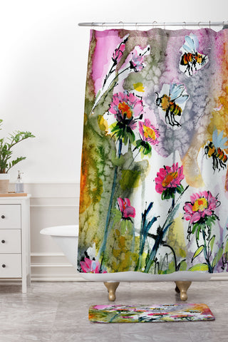 Ginette Fine Art Pink Flowers and Bees Shower Curtain And Mat
