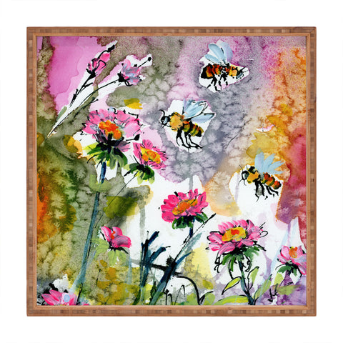 Ginette Fine Art Pink Flowers and Bees Square Tray