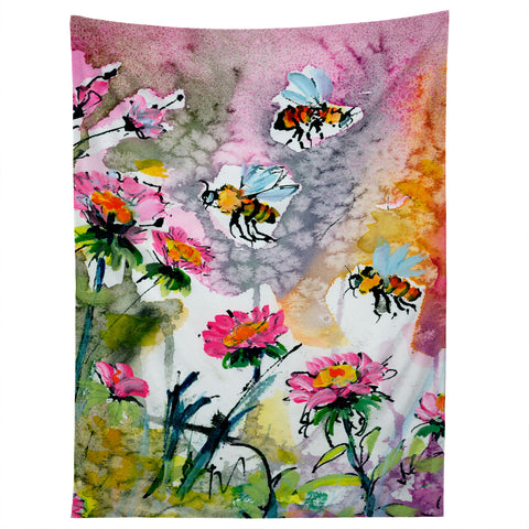 Ginette Fine Art Pink Flowers and Bees Tapestry
