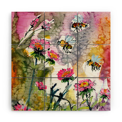Ginette Fine Art Pink Flowers and Bees Wood Wall Mural