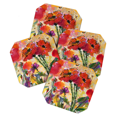 Ginette Fine Art Red Poppies and Bees Coaster Set