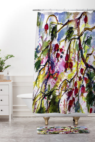 Ginette Fine Art Rose Hips Watercolor Ginette Shower Curtain And Mat
