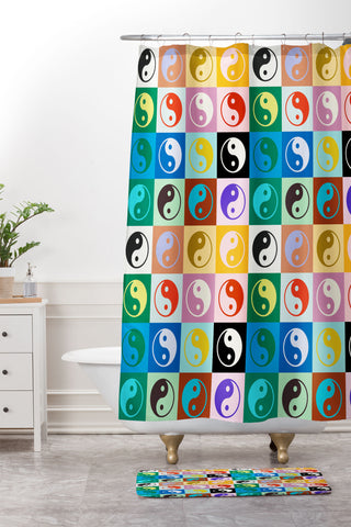 gnomeapple Checkered Yin Yang Pattern Shower Curtain And Mat