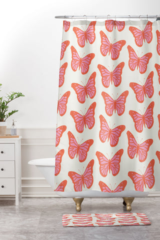gnomeapple Pink and Orange Butterflies Shower Curtain And Mat
