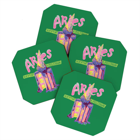 H Miller Ink Illustration Aries Dessert in Kelly Green Coaster Set