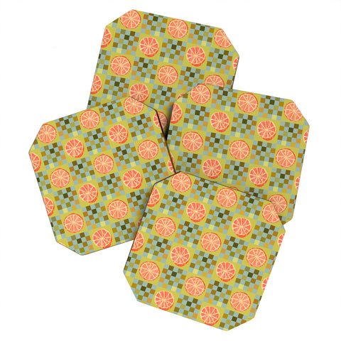 H Miller Ink Illustration Checkered Citrus Fruit in Sage Coaster Set