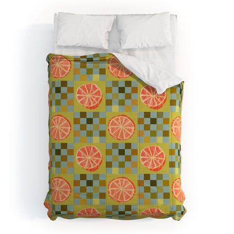 H Miller Ink Illustration Checkered Citrus Fruit in Sage Comforter