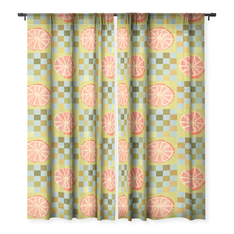 H Miller Ink Illustration Checkered Citrus Fruit in Sage Sheer Non Repeat