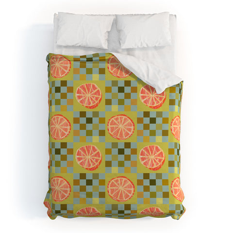 H Miller Ink Illustration Checkered Citrus Fruit in Sage Duvet Cover