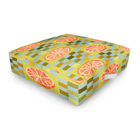 H Miller Ink Illustration Checkered Citrus Fruit in Sage Outdoor Floor Cushion