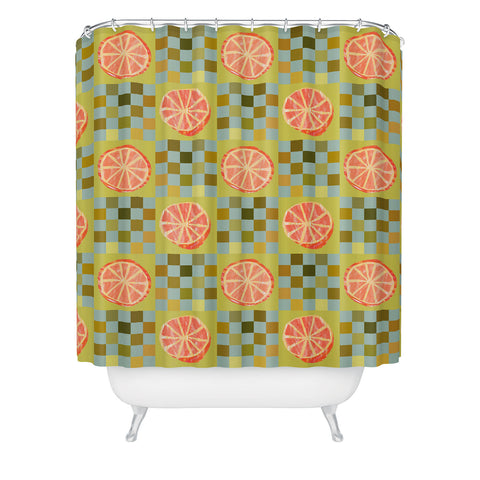 H Miller Ink Illustration Checkered Citrus Fruit in Sage Shower Curtain