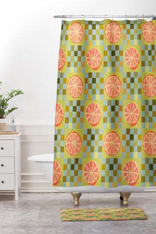H Miller Ink Illustration Checkered Citrus Fruit in Sage Shower Curtain And Mat