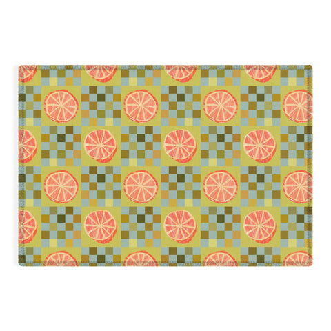 H Miller Ink Illustration Checkered Citrus Fruit in Sage Outdoor Rug