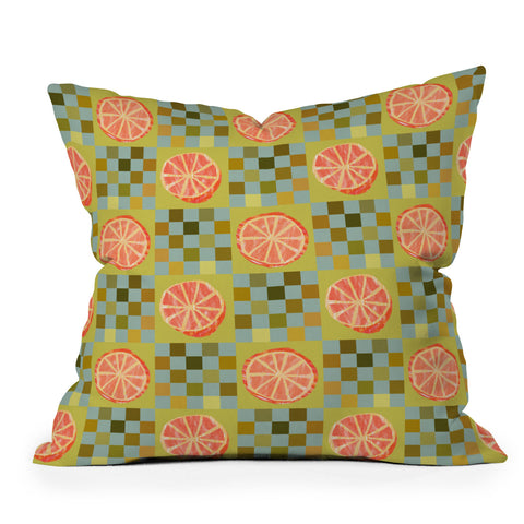 H Miller Ink Illustration Checkered Citrus Fruit in Sage Throw Pillow