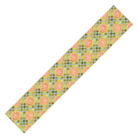 H Miller Ink Illustration Checkered Citrus Fruit in Sage Table Runner