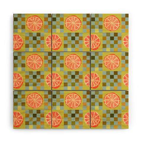 H Miller Ink Illustration Checkered Citrus Fruit in Sage Wood Wall Mural