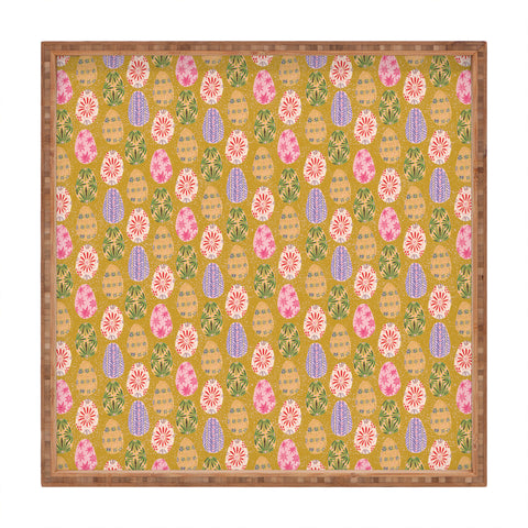 H Miller Ink Illustration Colorful Folk Art Easter Eggs Square Tray