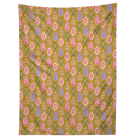 H Miller Ink Illustration Colorful Folk Art Easter Eggs Tapestry